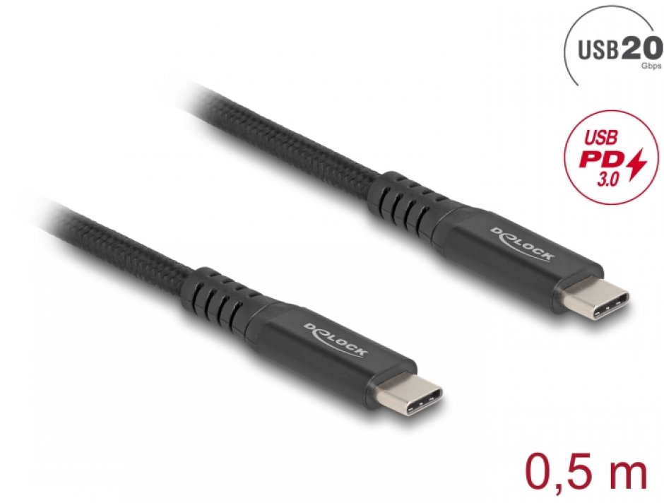 Imagine Cablu USB4 type C 20Gb/100W T-T E-Marker 0.5m brodat Negru, Delock 80023